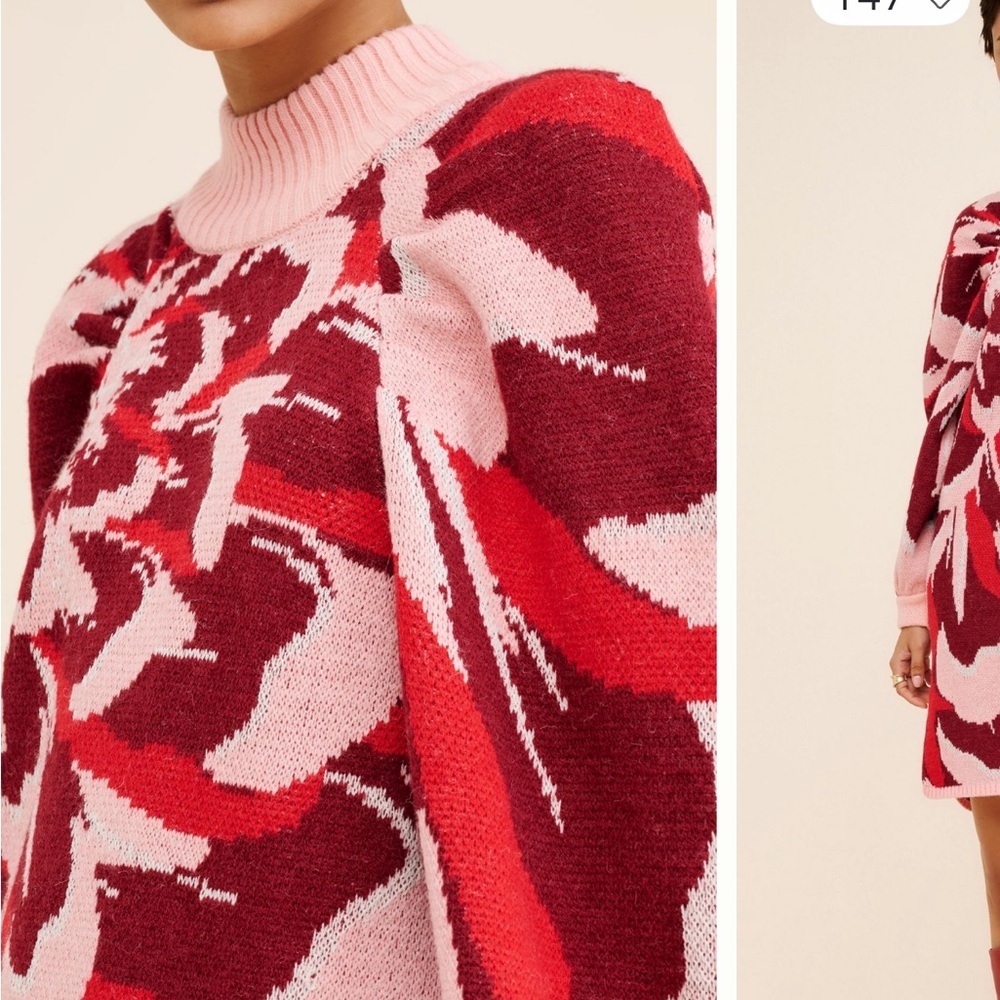 Anthropologie Farm Rio Flower Knit Mini Dress Pink Red Sz L NEW - Picture 2 of 13